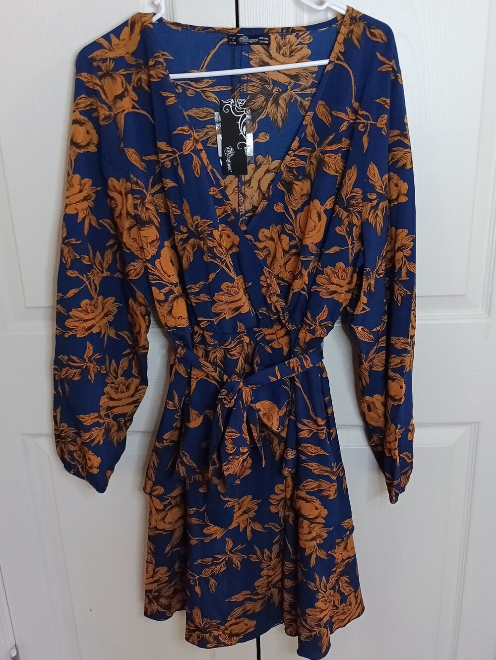 Wrap-Front‎ Long Sleeve Dress in Navy with Mustard Yellow Floral Design